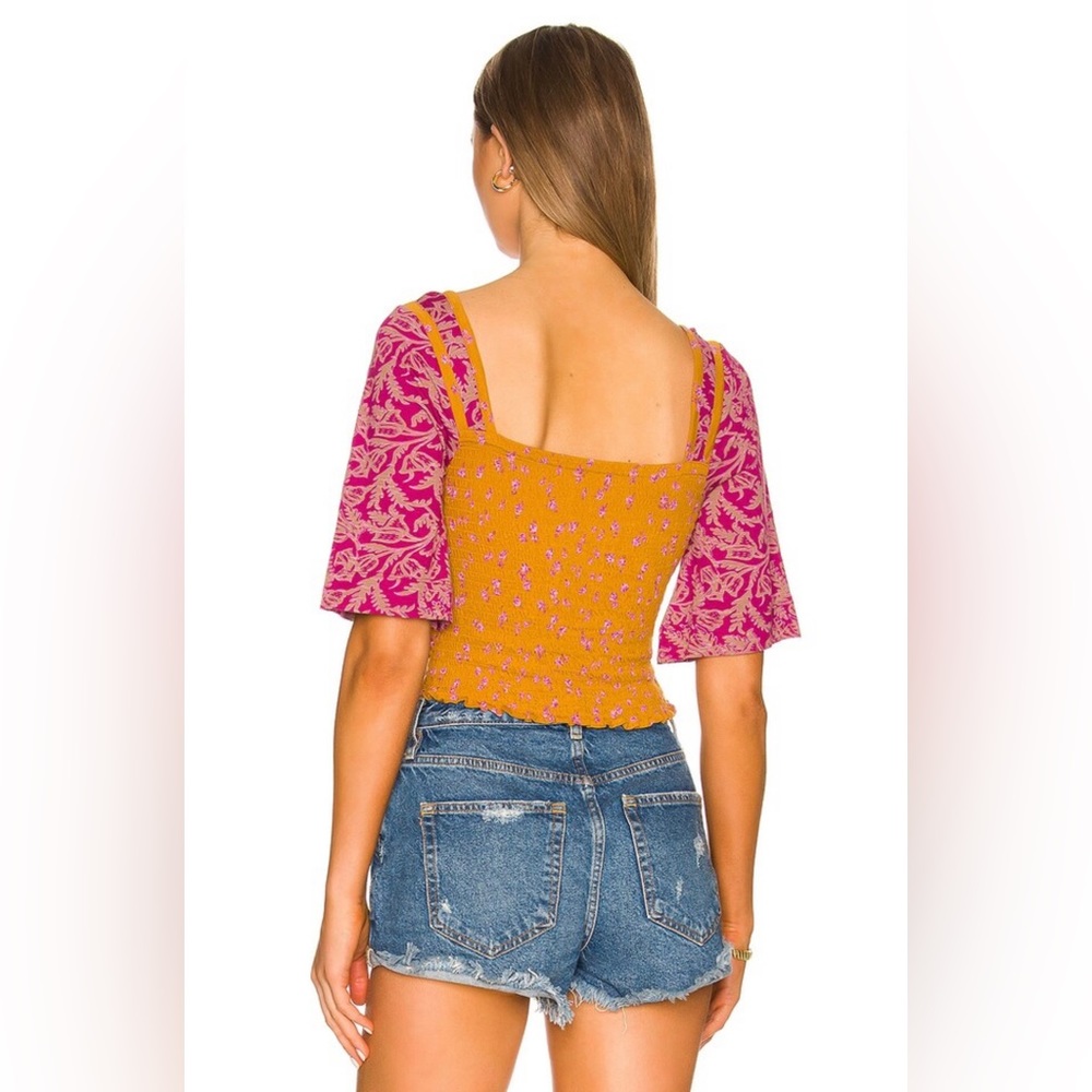 FREE PEOPLE Marigold Top - Size Small-Golden Floral Smocked Boho Crop Blouse-NWT - Picture 8 of 16